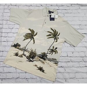 NWT Nautica Polo Shirt Sz M Mens Silk Blend Palm Tree AOP All Over Print